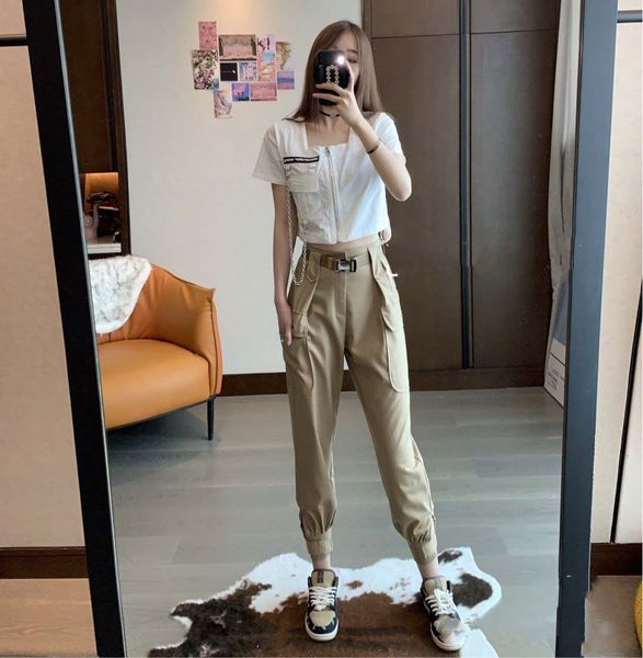 

women new design cargo pants with belts fashion women casual long pants black khaki cool streetwear with pockets size  l xl, Black;white