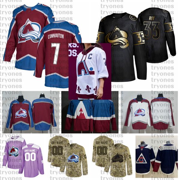 

2021 reverse retro customize # 7 kevin connauton colorado avalanche hockey jerseys golden edition camo veterans day fights cancer shirts, Black;red