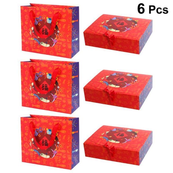 

6pcs chinese new year gift box packaging case gifts tote bag paper container storage pouch party supplies small size(blessing to1