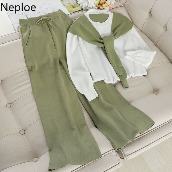 

neploe 2 piece set women spring scarf pacthwork o neck long sleeve female sweater+casual high waist pants fashion suit 1a983 201120, White