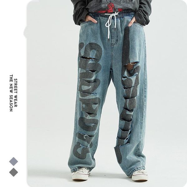 

ripped jeans men 2020 wide leg denim elastic waistband print grey indigo korean loose straight casual pants new fashion autumn1, Blue