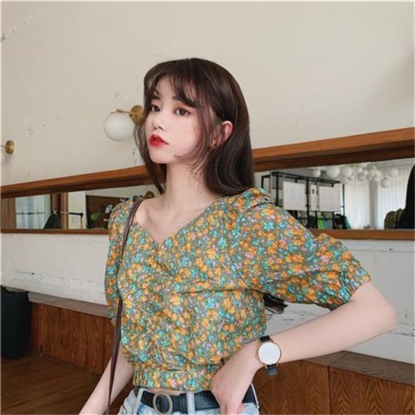 

2021 new puff sleeve floral women square collar chiffon 2021 spring casual party blouse korean short clothes 2s80, White