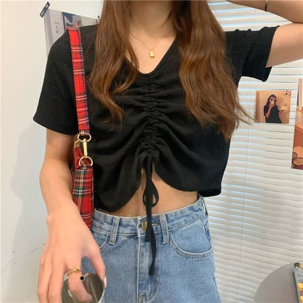 

korean new fabric v-neck drawstring bandage short open navel for women korean new fabric t-shirt v-neck drawstring bandage short open navel, White