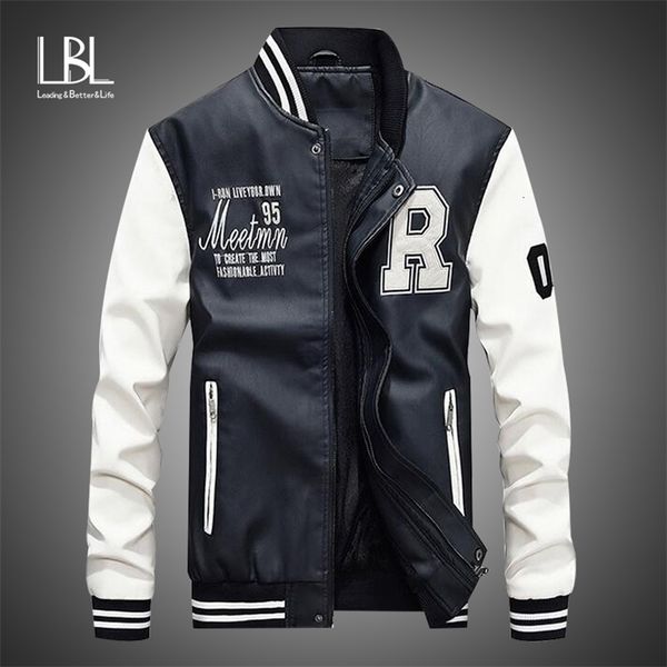 

new men leather jacket brand embroidery baseball pu jackets male casual luxury winter warm fleece pilot bomber jacket coat 201218, Black;brown
