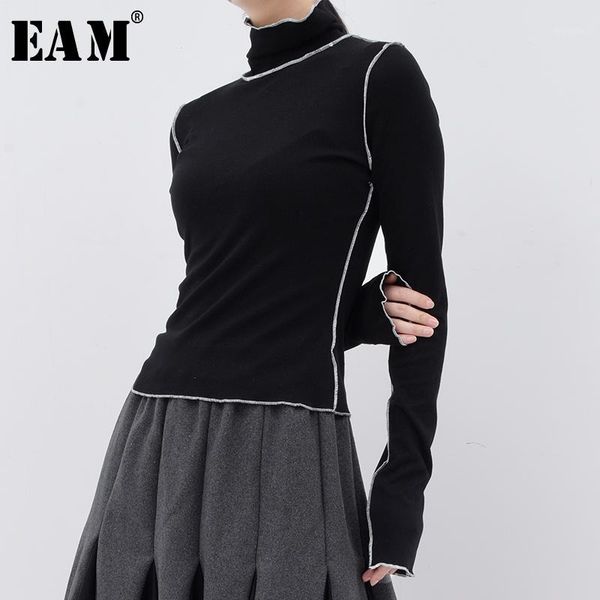 

eam] women black line split joint slim leisure t-shirt new turtleneck long sleeve fashion tide spring summer 2020 je155011, White