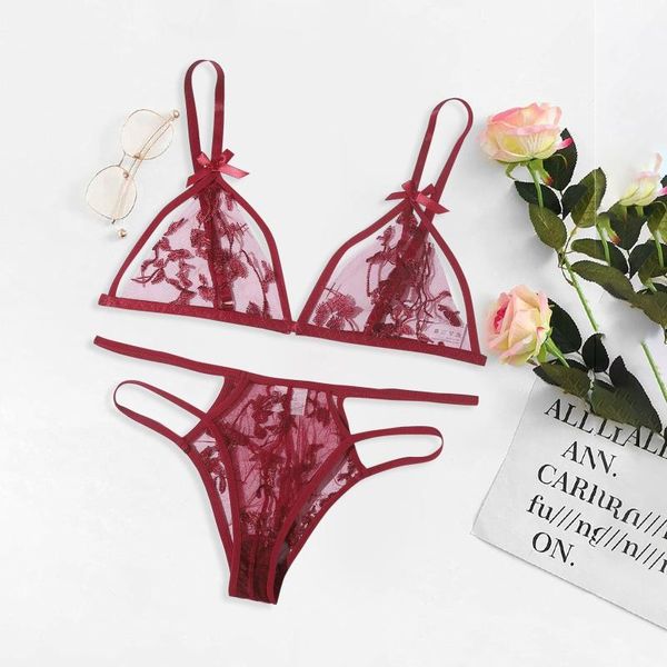 

ladies underwear thong set 2020 new fashion lace embroidery underwear pajamas red lingerie set sujetador mujer, Red;black