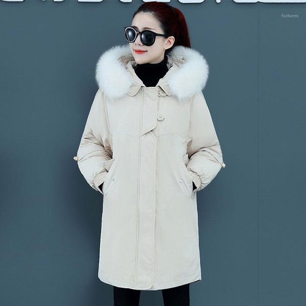 

women new casual solid color parka coat with fur collar winter jacket fashion parker parka1, Black