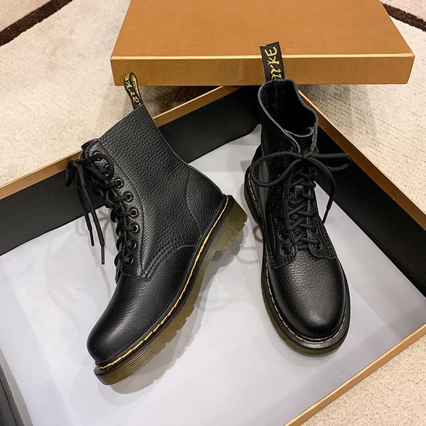 

women autumn boots genuine leather platform boots black ankle boots motorcycle thick heel platform boot yellow line