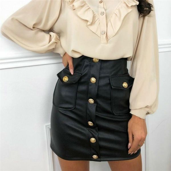 

women pu leather high waist mini skirt bodycon pencil short skirt clubwear party buttons pockets balck summer women1, Black