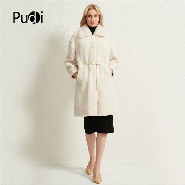

pudi women long real sheep fur coat jacket female winter wool fur jackets belt parka trench h98917-a1, Black
