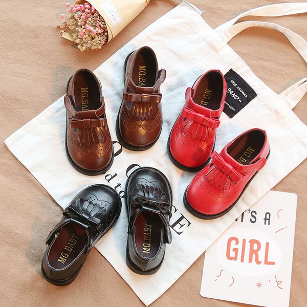

2019 spring new kids'leather korean edition butterfly-knotted girls' princess tassels soft-soled anti-skid single shoes, Black