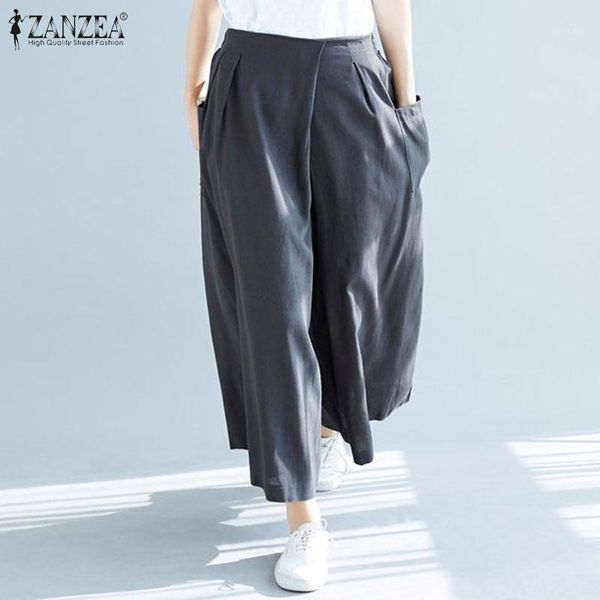 

women's pants & capris women wide leg 2021 zanzea ladies casual solid elastic waist long trousers pantalon femme pockets streetwear swe, Black;white