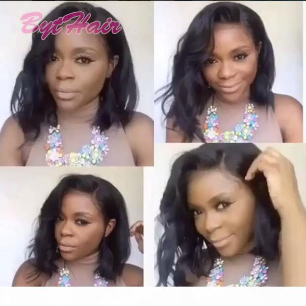 

bythair in stock brazilian virgin human hair short bob wigs body wave wavy lace front wigs glueless full lace human hair bob wigs, Black;brown