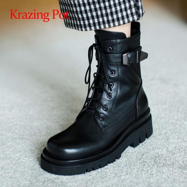 

boots krazing pot big size cow leather buckle decorations thick bottom round toe high square heel zipper beauty lady ankle l7f5, Black
