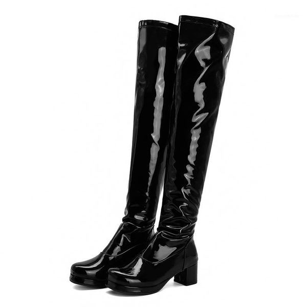 

boots lucyever candy color over the knee women autumn winter zipper patent leather long female high heels platform botas1, Black