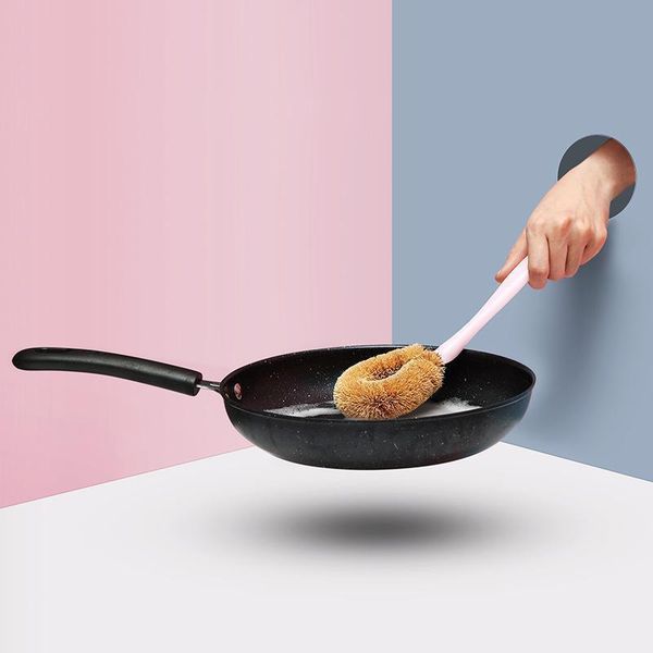 

long handle brown brush kitchen cleaning brush household brush pot wash pot cleaning dish coconut palm pot h jllsrf