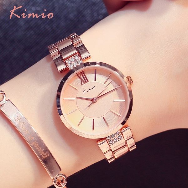 

kimio simple thin rhinestone rose gold quartz watches women fashion ladies watch women's watches dress wristwatch for women 201119, Slivery;brown