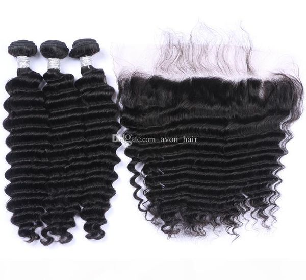 

deep wave ear to ear frontal with hair 3bundles 100 virgin deep curly human hair weaves with lace frontal 4pcs lot, Black;brown