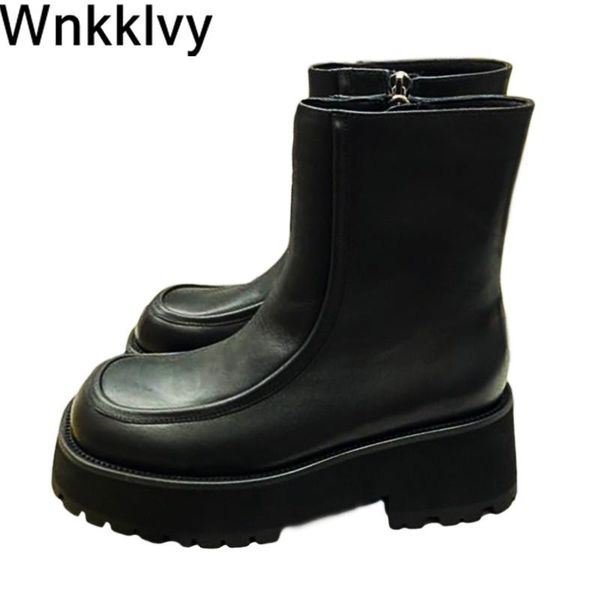 

women platform martin boots autumn winter thick bottom real leather ankle boots round toe short botas 2020 runway design shoes, Black