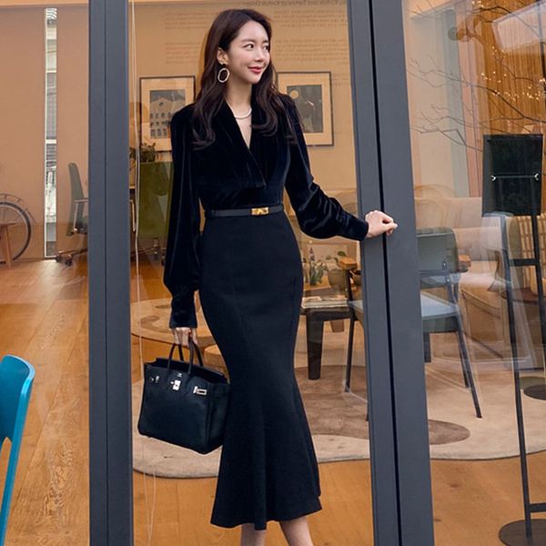 

dressed a 2021 velvet banquet new skinny waist-tight looking gracefully sheathed fishtail dress k78x, Black;gray