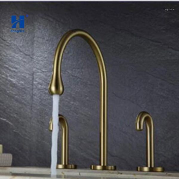 

bathroom sink faucets hongdec brass brushed gold and black faucet deck mounted 3 holes 2 handles basin tap1
