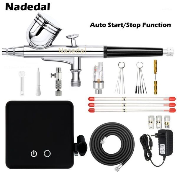

nasedal airbrush compressor auto sfunction dual-action air brush set spray gun adjustable power touch switch1