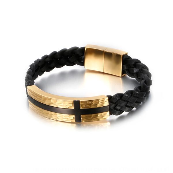 

chaonan titanium steel cross curved plate beating pattern design bracelet simple stainless steel braceletcowhide woven leather bracelet gz1s, Golden;silver