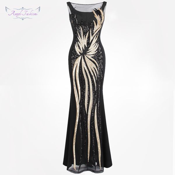 

angel-fashions women's sheer evening dresses round neck vintage sequin splicing dress gold 403 party kleid lj201120, White;black