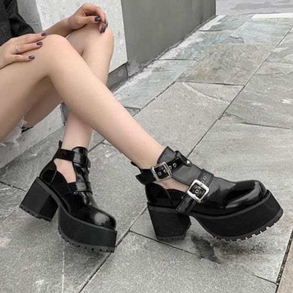 

европейская обувь стиль личности платформы женщин пряжки платформы 2020 черные толстые пятки мотоциклетные ботинки британских короткие ботин, Black