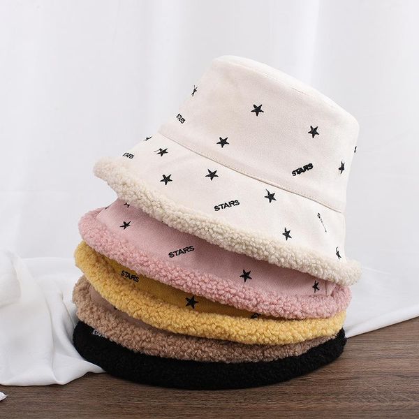 

2021 fisherman's hat thickened warm lamb plush winter star embroidered basin hat v006, Blue;gray