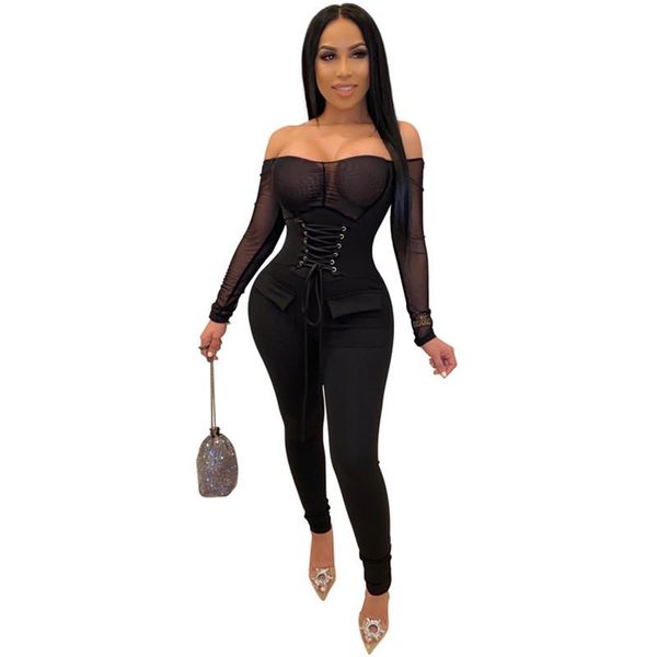 Sexy See-the Women Jumpsuits Corset Manga Longa Off Ombro Bodycon Playsuit Jumpsuit Party Romper Lace Up Calças Femininas