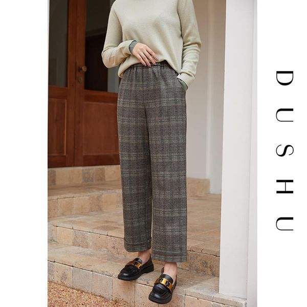 

dushu plus size high waist plaid casual pants capri women streetwear elegant straight trousers autumn winter female suit pants, Black;white