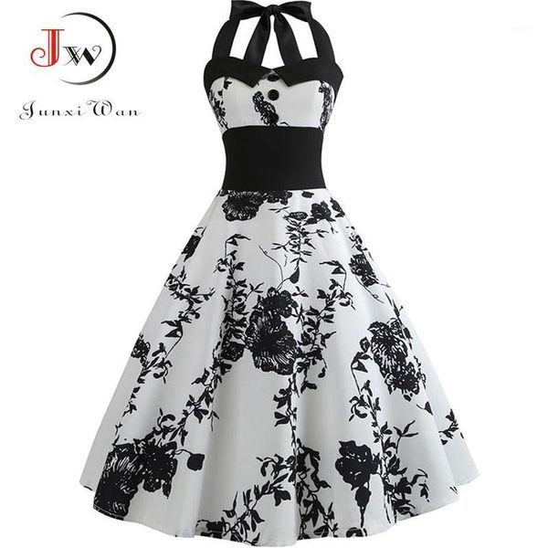 

summer dress women slim halter vintage dress print floral elegant tunic party dresses sundress plus size rockabilly1, Black;gray