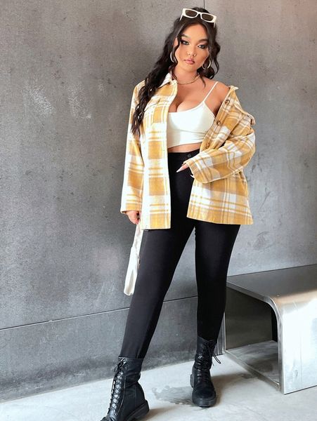 

plus plaid flap pocket overcoat q3vk#, Black