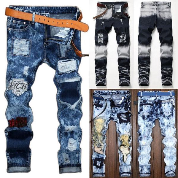 

fashion men skinny jeans denim pant frayed jeans ripped long pant casual men long trouser1, Blue