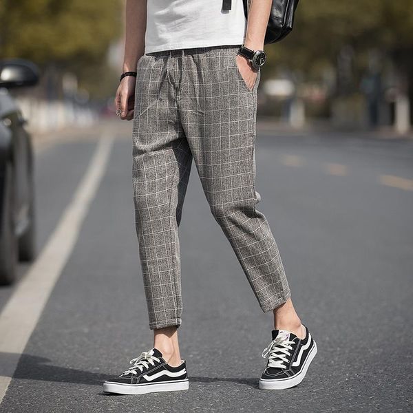 

casual ankle-length plaid pants men trousers streetwear jogger pants men sweatpants slim fit 2020 new, Black