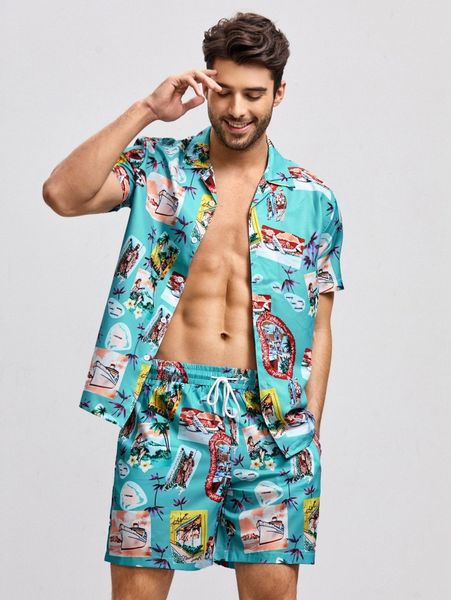 

men graphic print button front & drawstring waist shorts a82v#, Gray