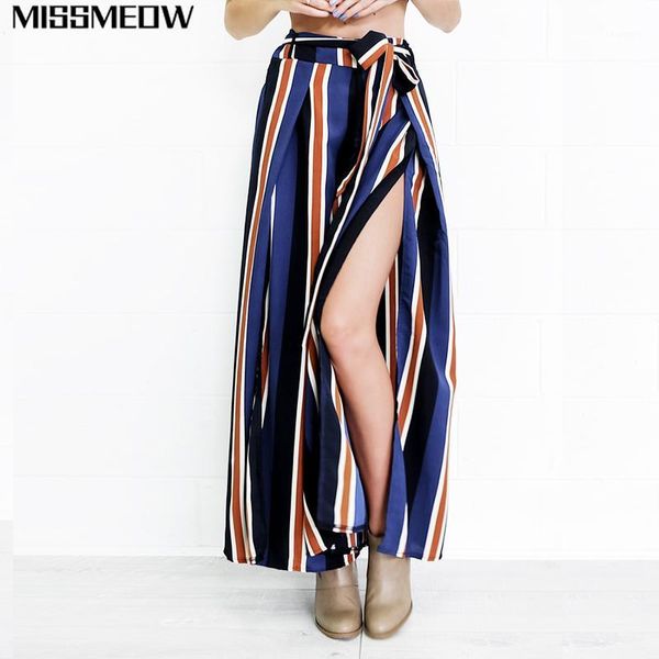 

missmeow stripe split summer high waist casual loose women's pants femme bandage trousers women lace up wide leg pants1, Black;white