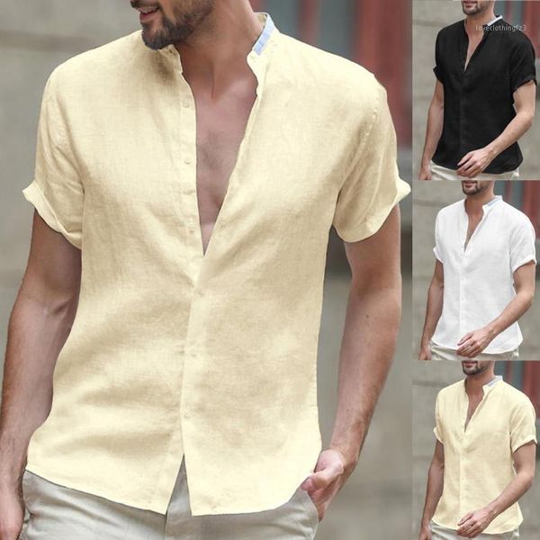 

men's casual shirts solid color shirt mens summer 2021 men's baggy cotton linen short sleeve button retro blouse s-2xl1, White;black