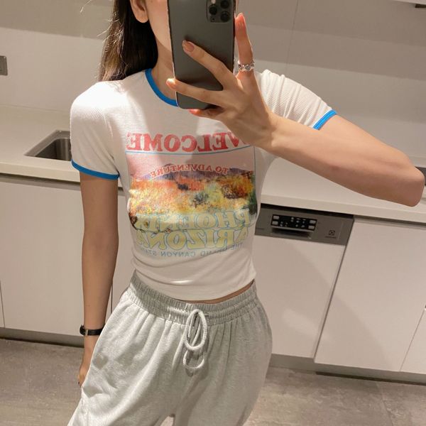 

2020 summer slim stretch blue bound printed letter short cotton elastic cottonelastic cotton t-shirt female f5575 nfs1k, White