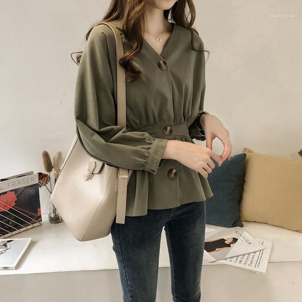 

2020 autumn fashion button draw back shirt vintage blouse women white lady long sleeves female slim loose street shirts winter1
