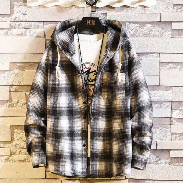 Camisas casuais masculinas marca xadrez com capuz mangas compridas 2021 primavera outono camisa oversize M-6XL
