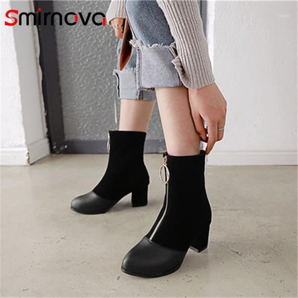 

boots smirnova arrive winter shoes 2021 casual thick heels ankle zipper flock woman fashion big size ladies1, Black