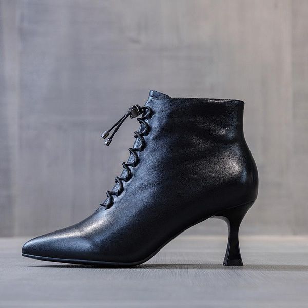 

boots 2021 autumn european station lock buckle side zipper pointed toe thin heeled high heels ankle women, Black