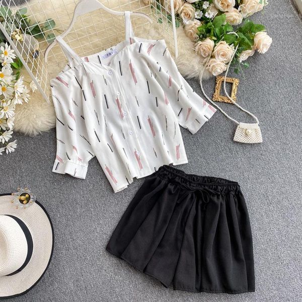 

2020 new fashion women summer two piece set off-the-shoulder loose shirt+ wide-leg elastic waist shorts pants suit1, White