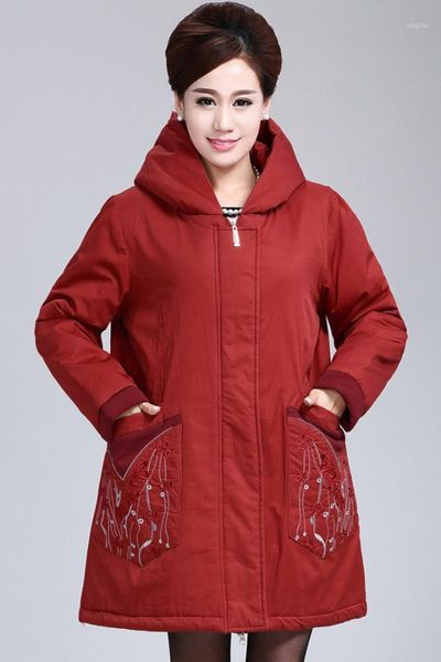 

embroidered middle-aged women winter down cotton jacket large size women loose long padded outwear hooded overcoat 6xl 7xl f2561, Black