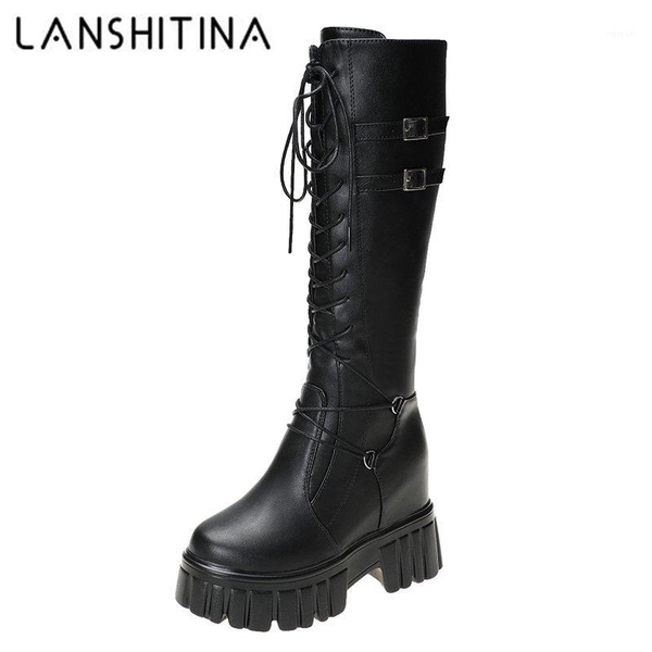 

boots ladies winter knee high women platform leather shoe 10cm increase cross strap heels knight long motorcycle boots1, Black