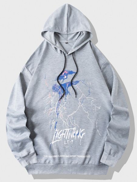 

men letter & lightning print drawstring hoodie a5sj#, Black