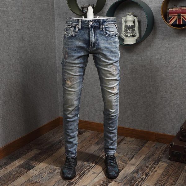 

fashion streetwear men jeans destroyed slim fit ripped jeans men retro blue vintage designer hip hop homme1