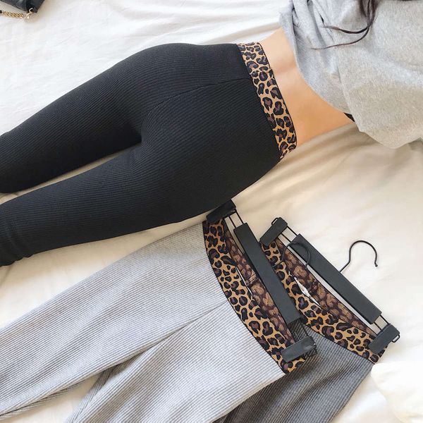 

leopard waist thread vertical cotton leggings for women in spring of 2019, Black